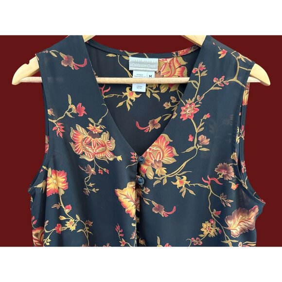 Y2K Vintage Coldwater Creek Black Floral Sleeveless Midi Duster Medium Fallcore - Picture 2 of 4